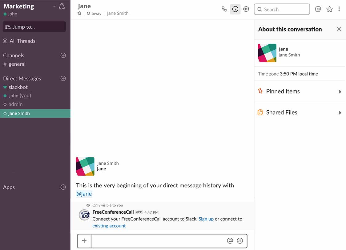 Slack запрашивает опции: войти или зарегистрировать новый аккаунт Freeconferencecall.