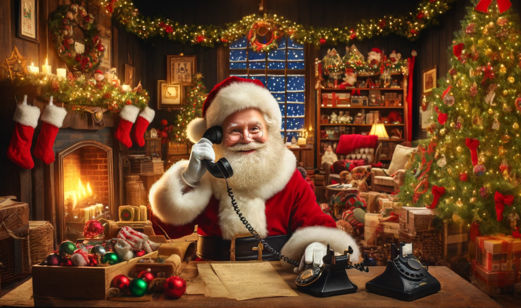 Image of Santa on the phone listening to messages on santa's hotline in themes of Holiday, AI-generated